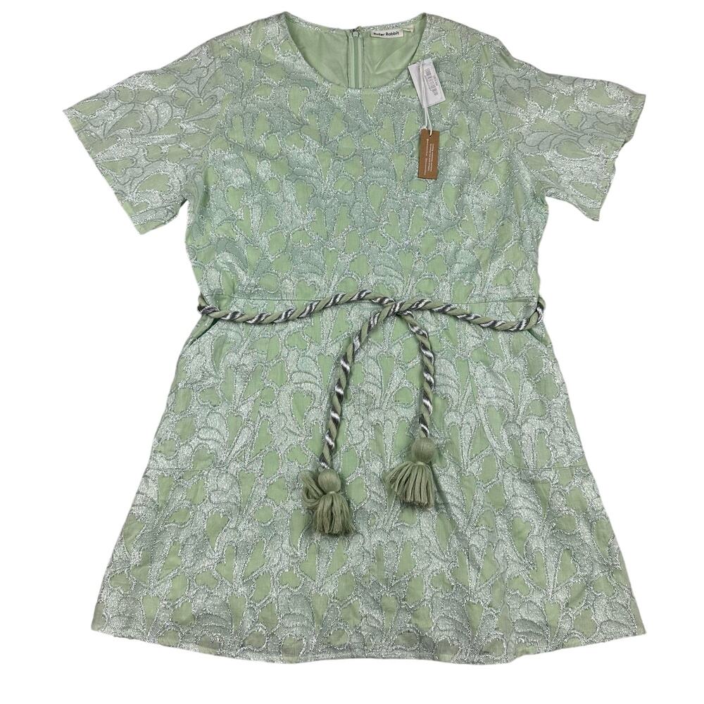 Roller Rabbit Mini Dress Women XL‎ Green Silver Metallic Tassel Belt New NWT